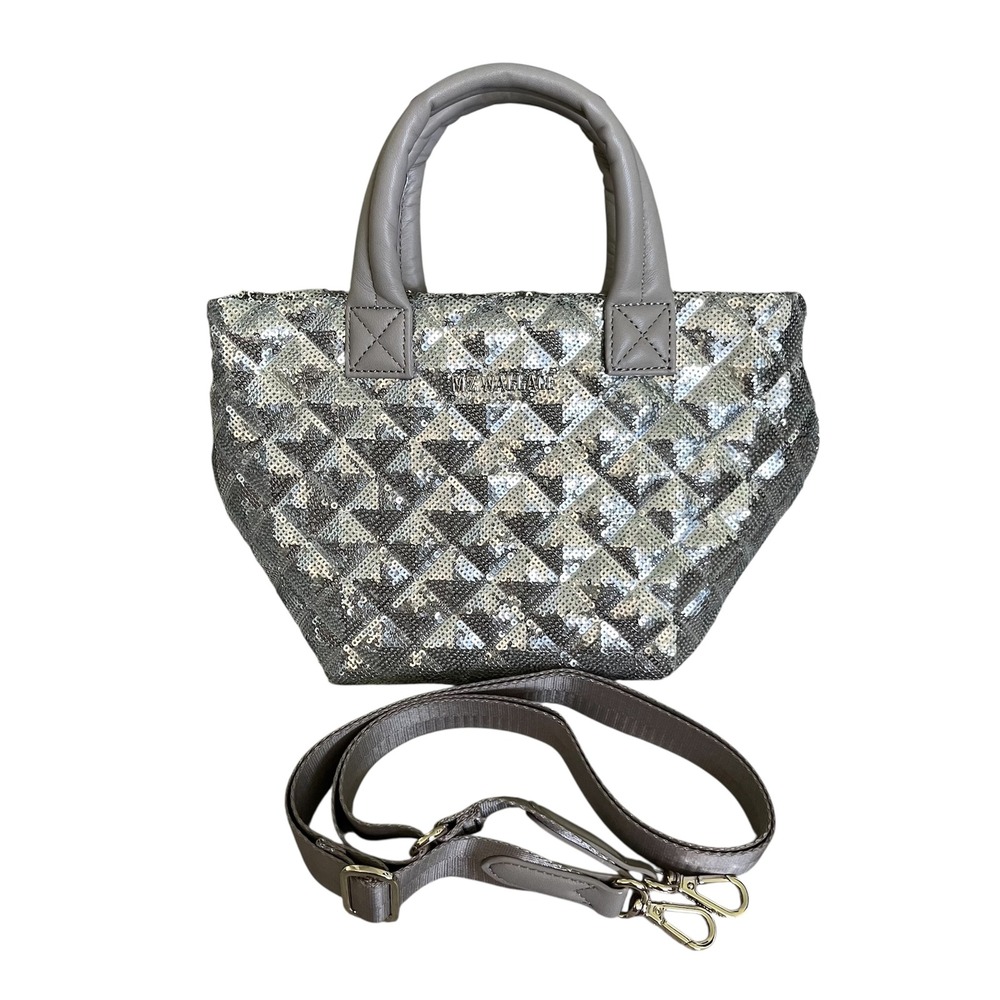 MZ Wallace Micro Metro Tote Deluxe Silver Sequin Crossbody Bag Purse  Strap